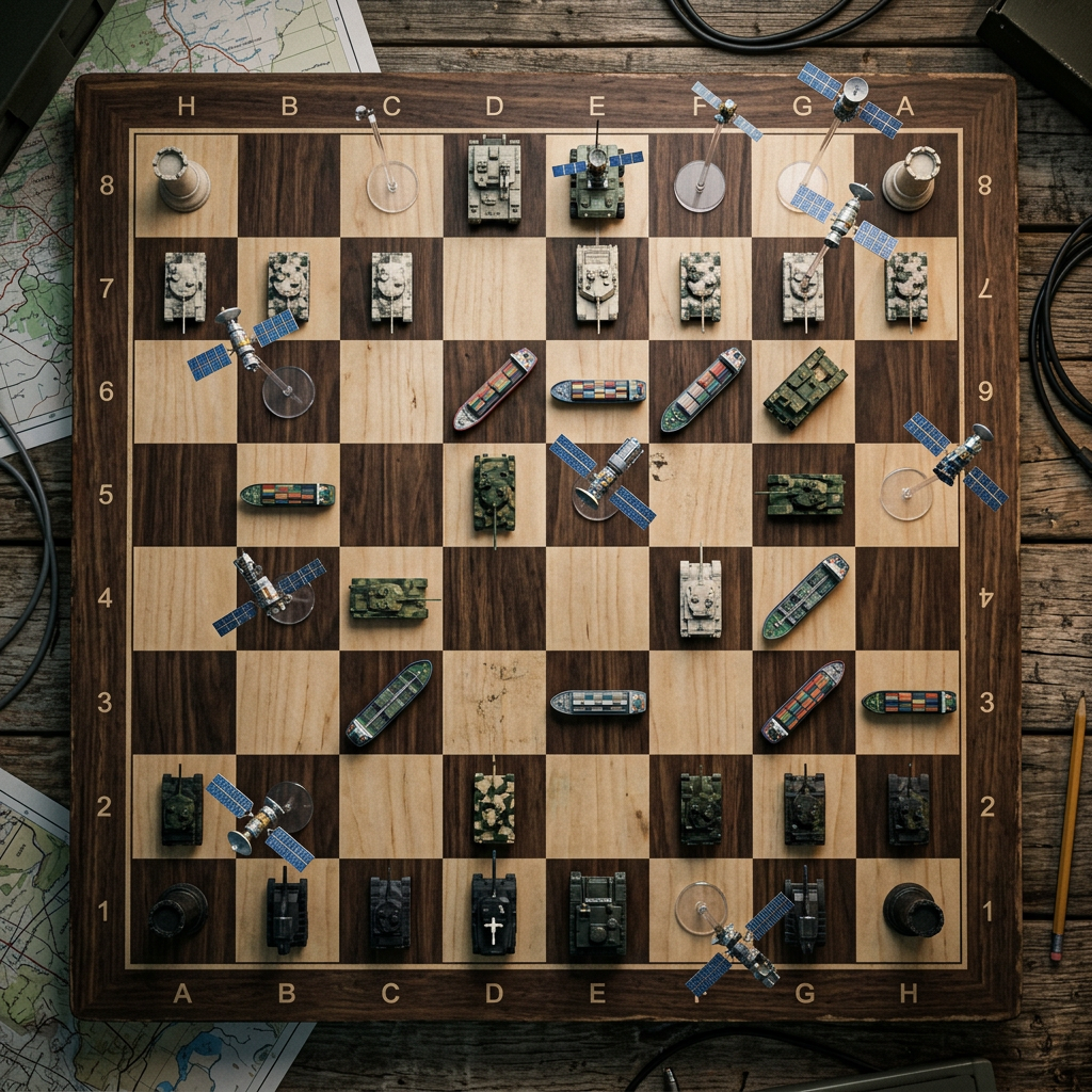 Chessboard with tanks, cargo ships, and satellites as chess pieces arranged for a game.