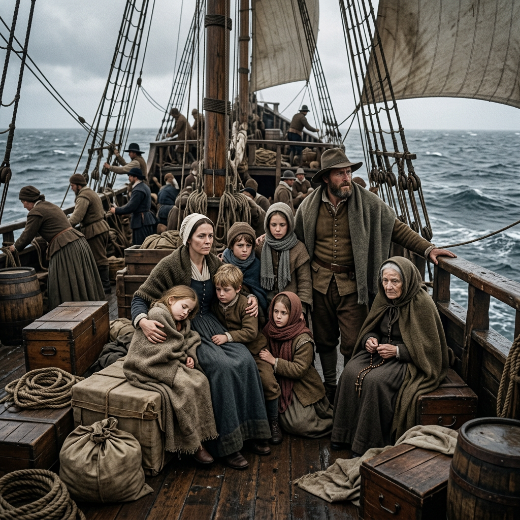 Group of settlers and crew on a wooden sailing ship in choppy sea weather