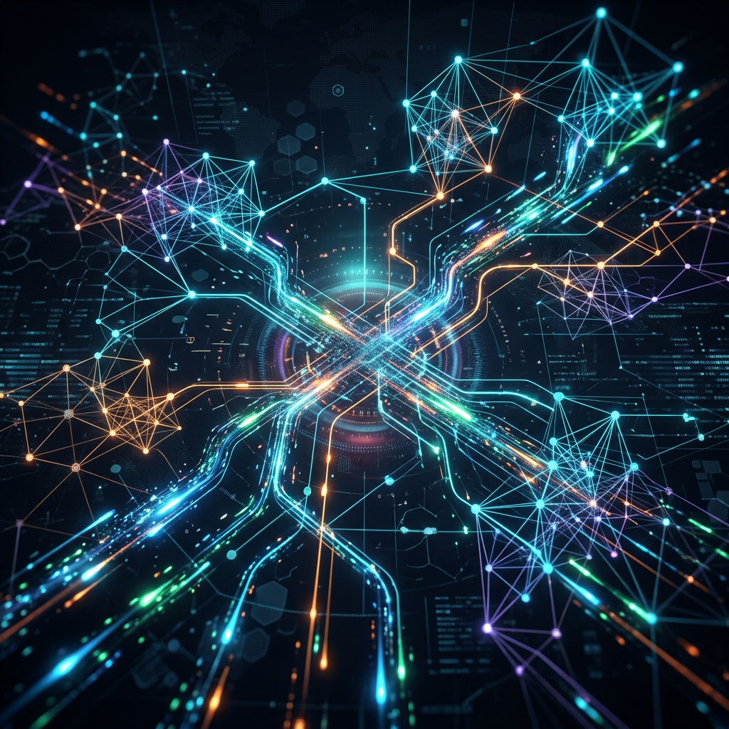 Glowing interconnected lines and nodes representing a digital network connection.