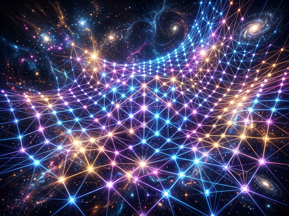 Colorful network of interconnected glowing nodes and lines over a cosmic galaxy background