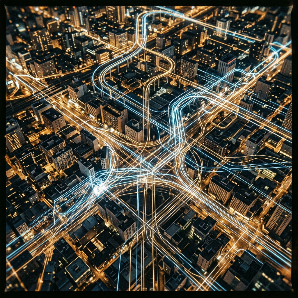 City grid at night with illuminated traffic flow lines showing dynamic movement