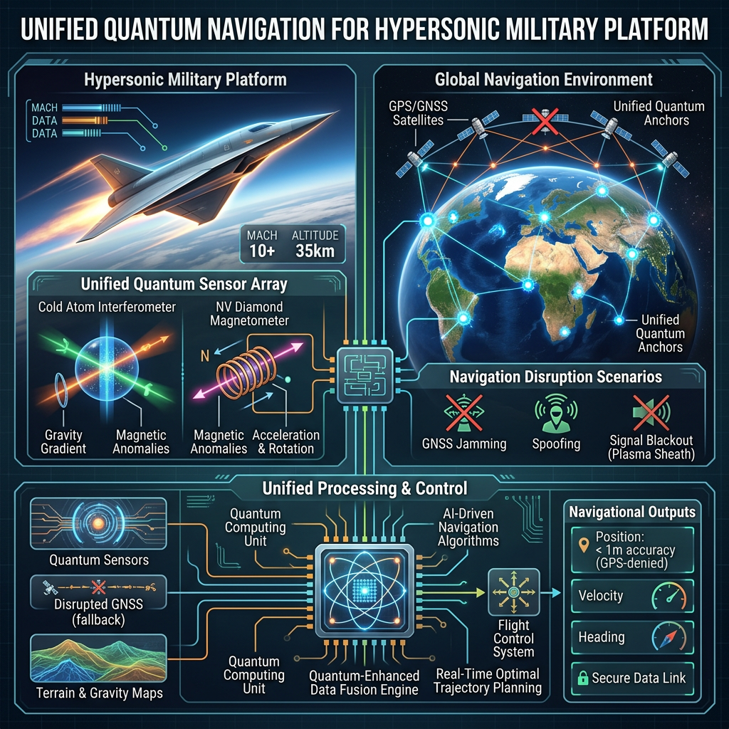 Diagram showing a hypersonic military aircraft using a unified quantum sensor array for navigation in a GPS-denied global environment with quantum processing and control