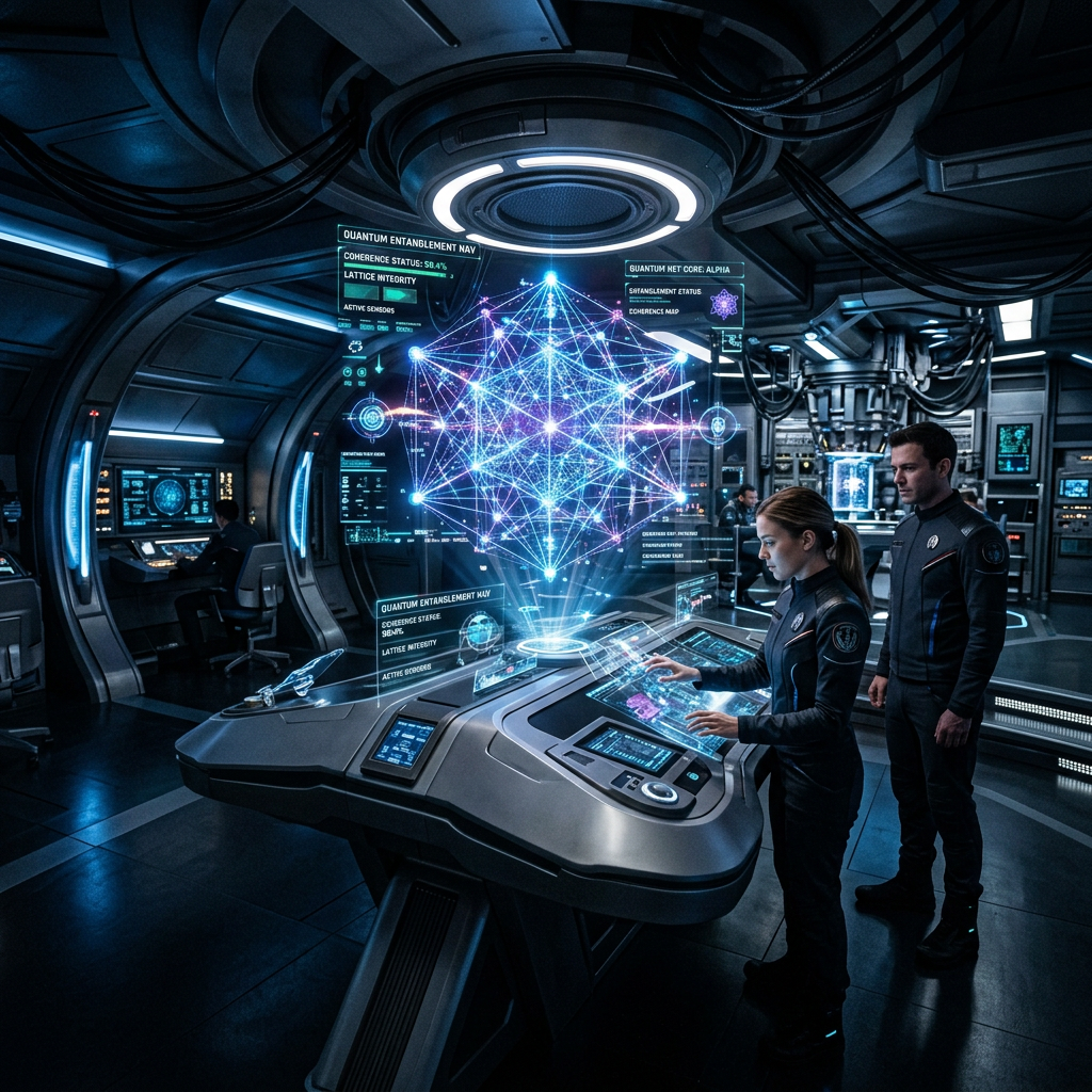 Two scientists working on a quantum entanglement holographic interface in a futuristic lab