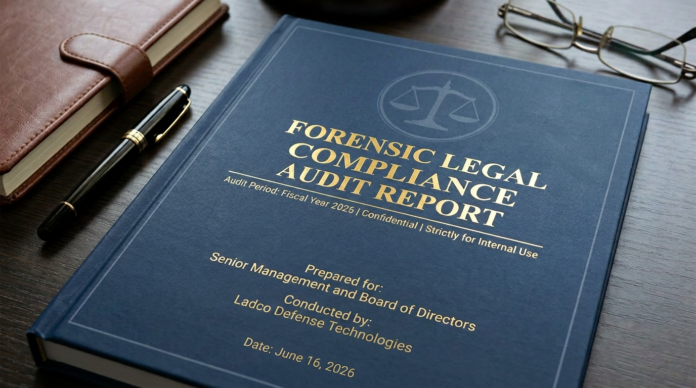 Forensic legal compliance audit report booklet with text and legal scales symbol