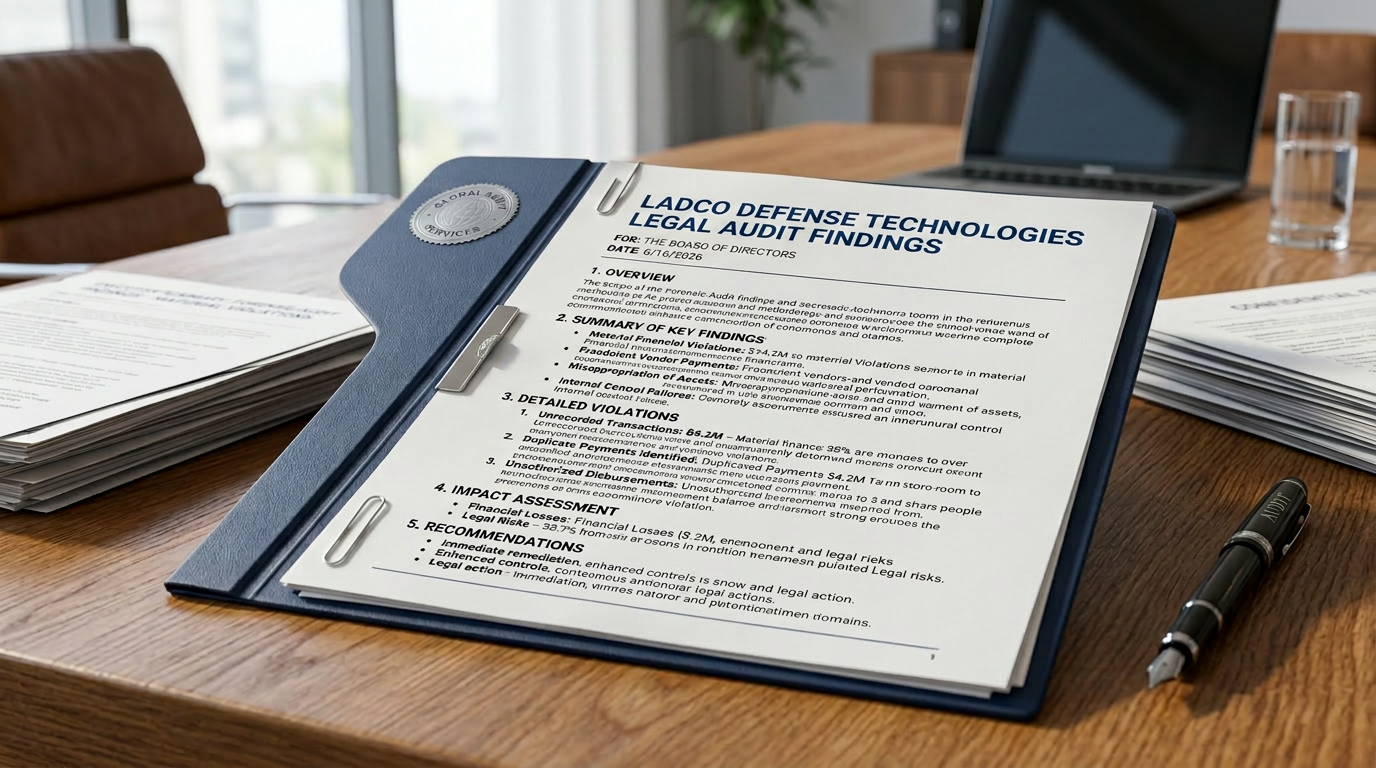 Executive summary report titled forensic audit findings material violations dated October 26, 2023 on a clipboard