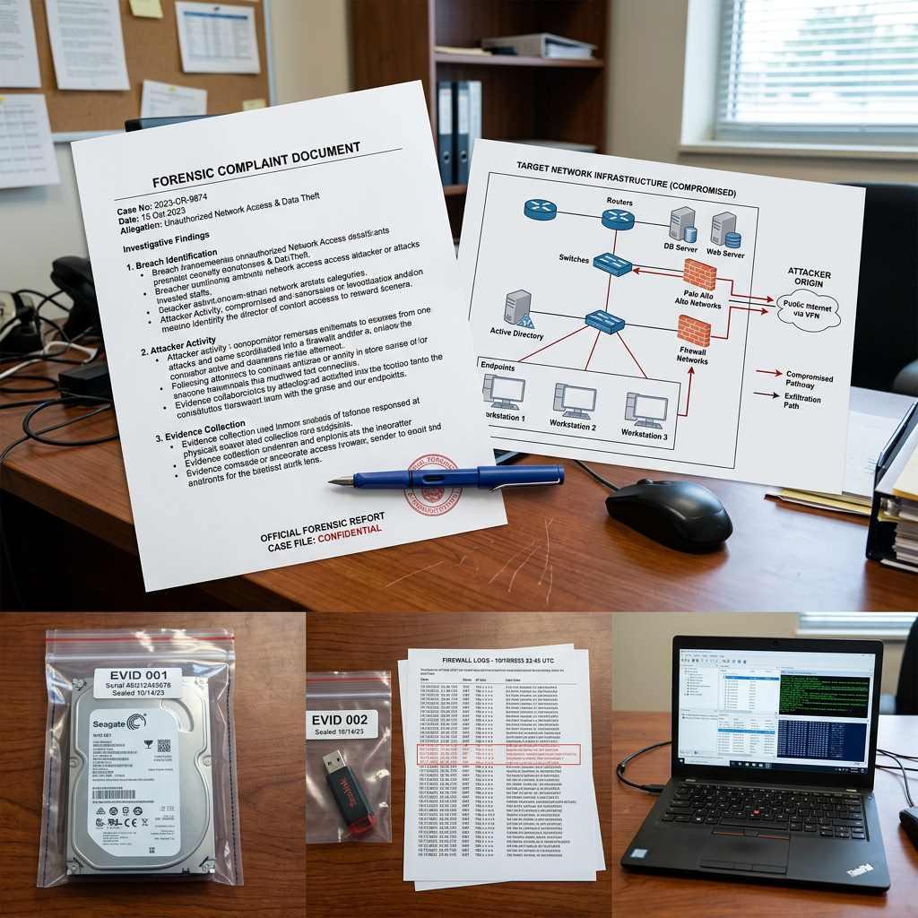 Forensic report and cybersecurity investigation materials including network diagram, storage devices, logs, and laptop