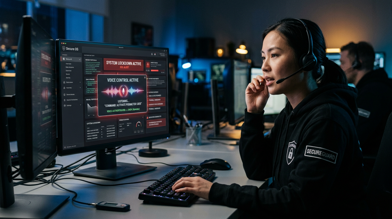Cybersecurity operator wearing headset monitoring system lockdown and voice control on computer screens